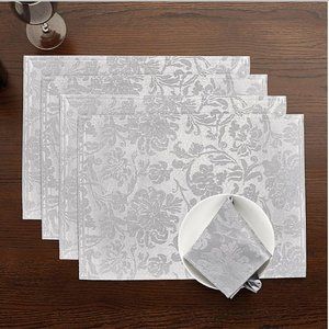 4 new Holiday Medley Silver-Gray Damask Fabric Placemats (each is 13x18 inches)